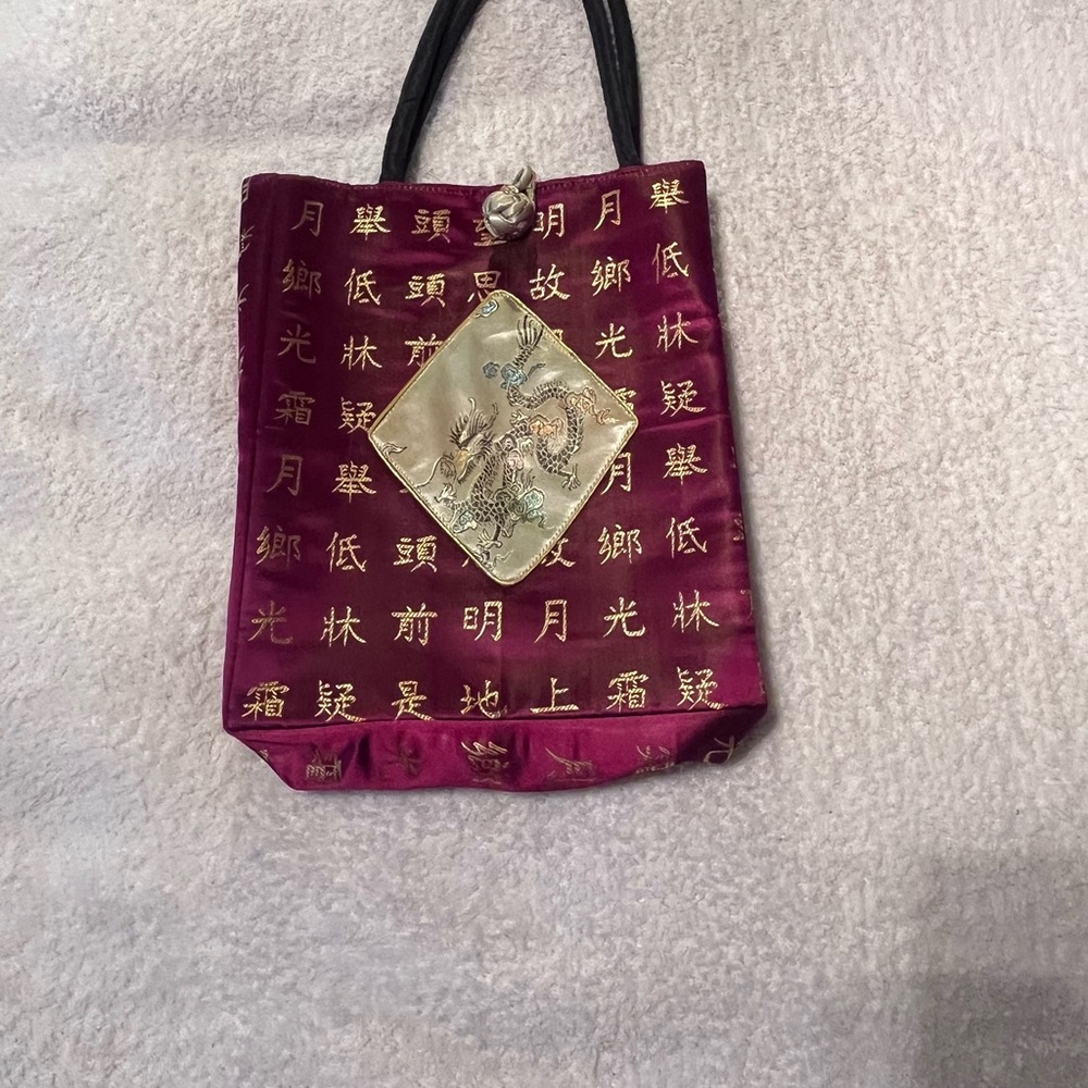 Red and gold satin handbag with Chinese accents